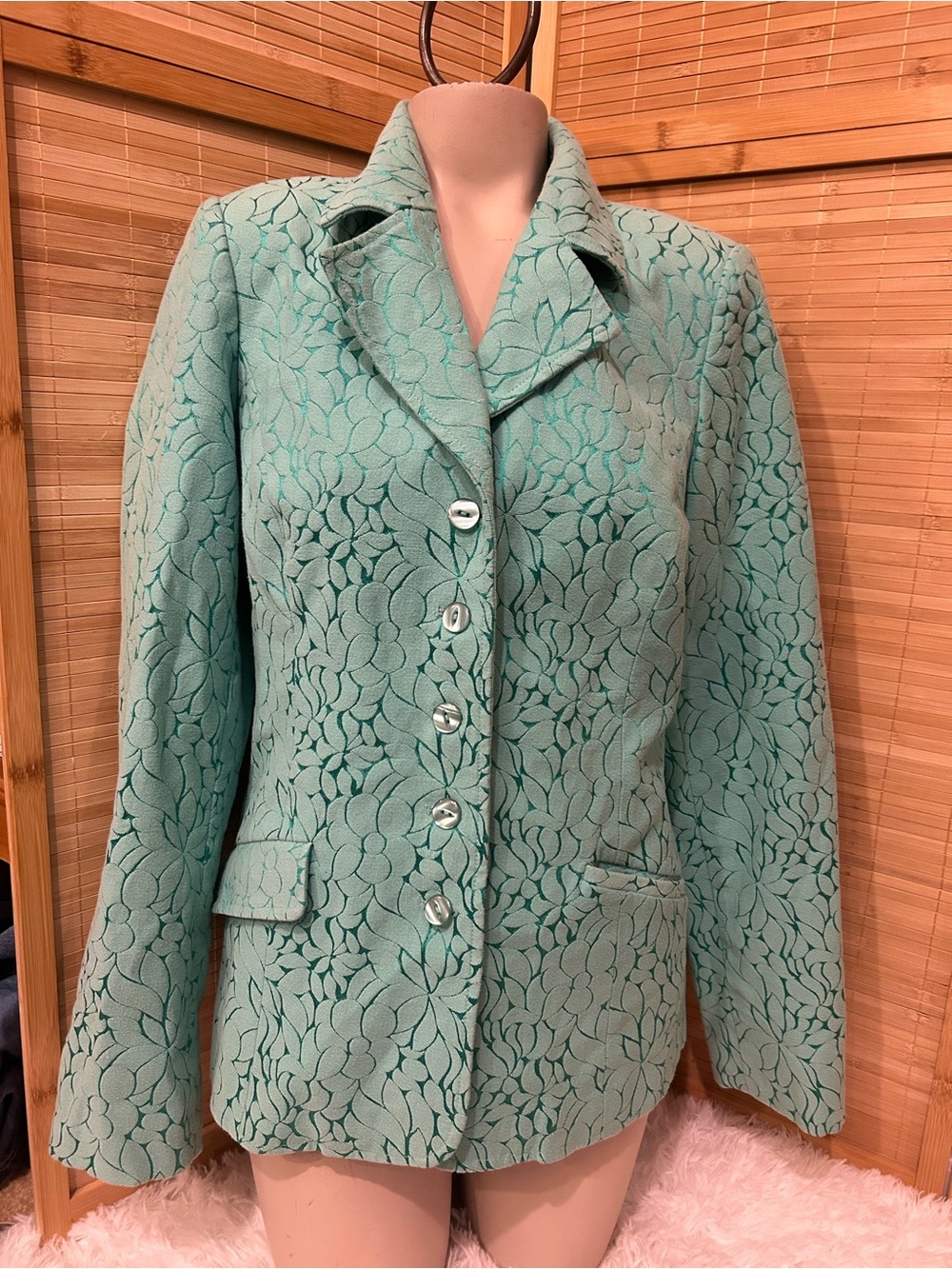 Dialogue vintage teal blazer suit jacket floral textured pattern woman size 10